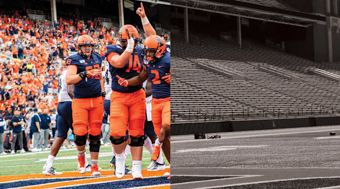 Illinois players celebrating on the field split with an empty field